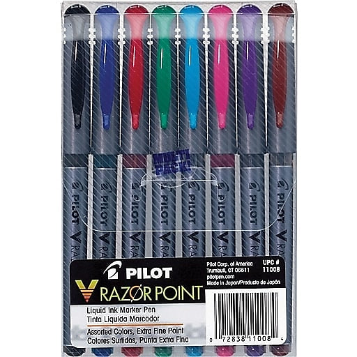 Pilot V Razor Point Liquid Ink Marker Pens, Extra Fine Point, Assorted, 8/Pack