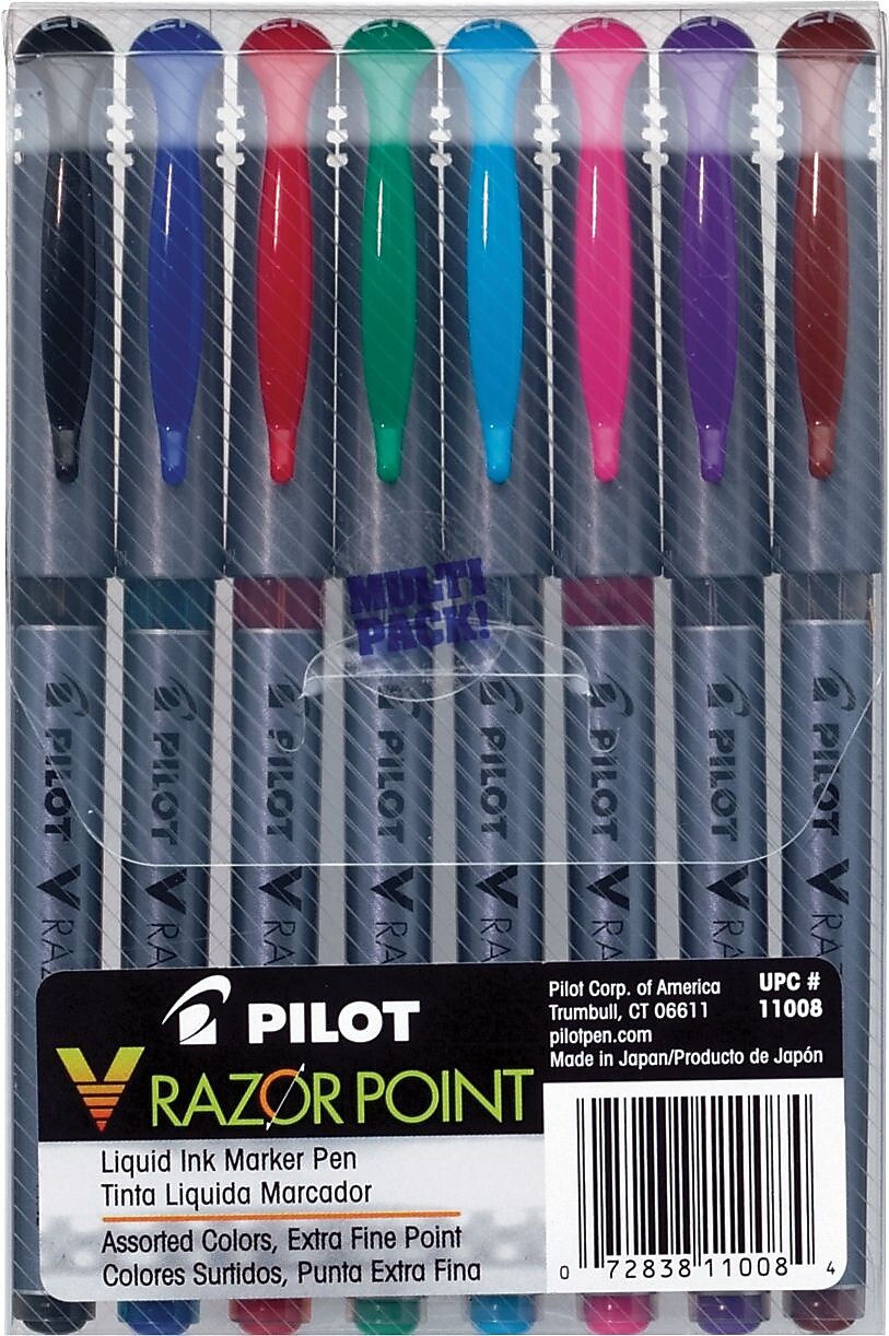 Pilot V Razor Point Liquid Ink Marker Pens, Extra Fine Point, Assorted, 8/Pack