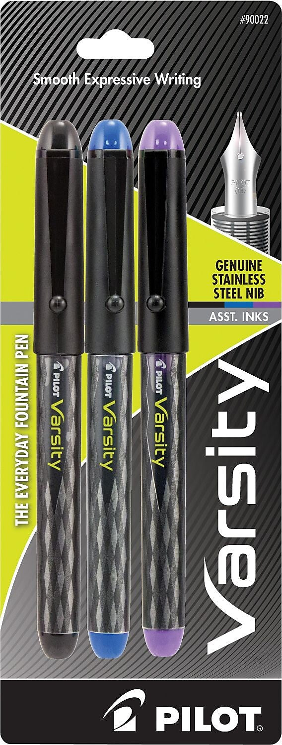 Pilot Varsity Fountain Pens, Medium Point, Assorted Ink, 3/Pack