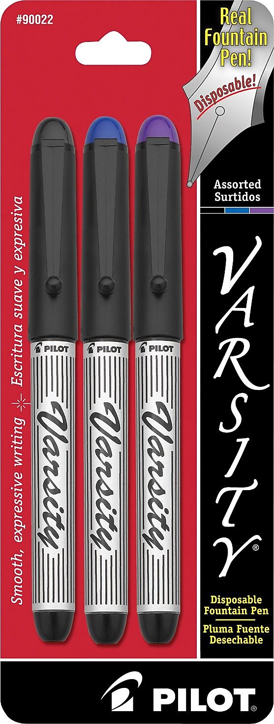 Pilot Varsity Fountain Pens, Medium Point, Assorted Ink, 3/Pack