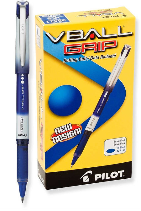 Pilot VBall Grip Rollerball Pens, Extra Fine Point, Blue Ink, Dozen