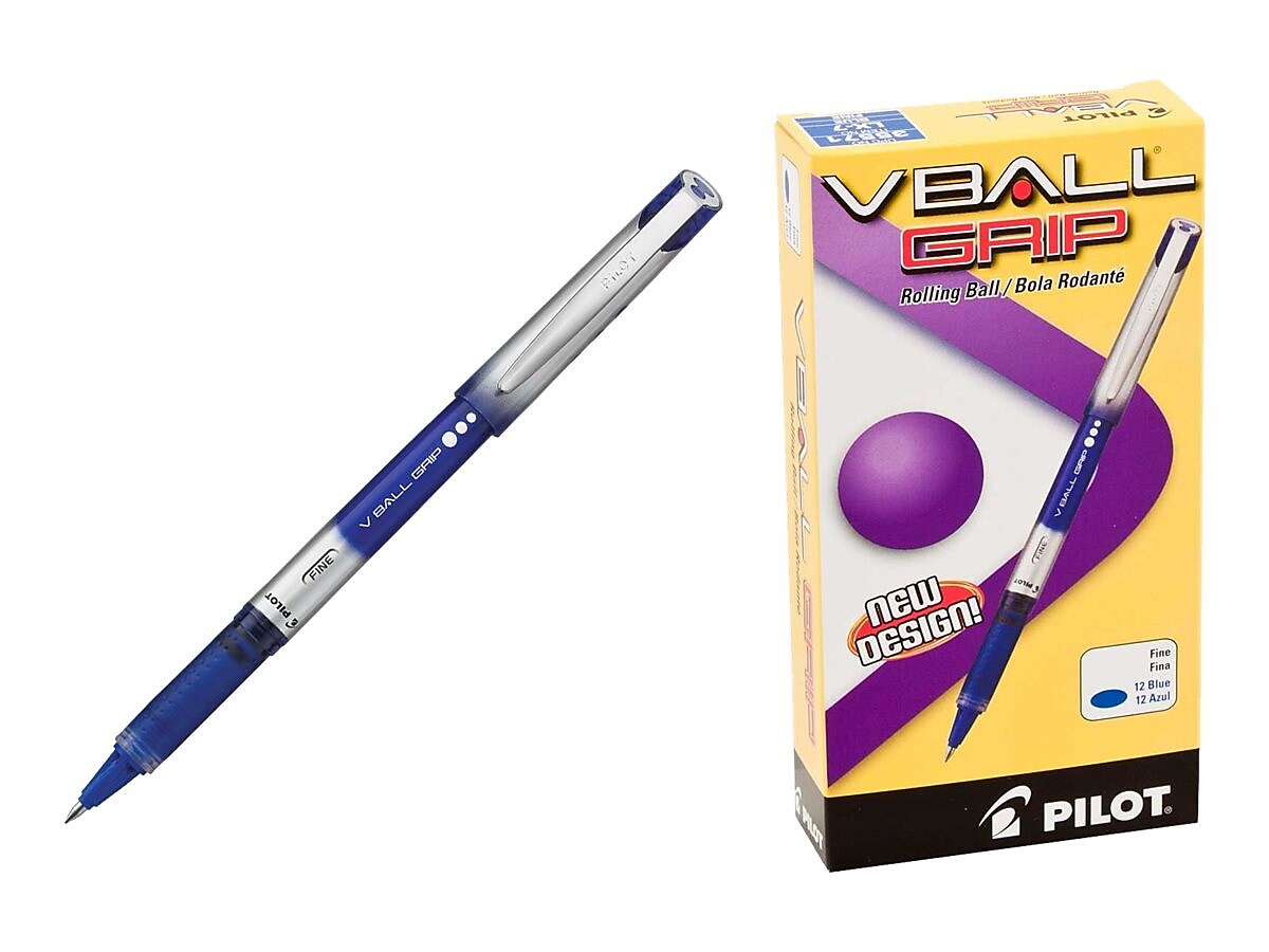 Pilot VBall Grip Rollerball Pens, Fine Point, Blue Ink, Dozen