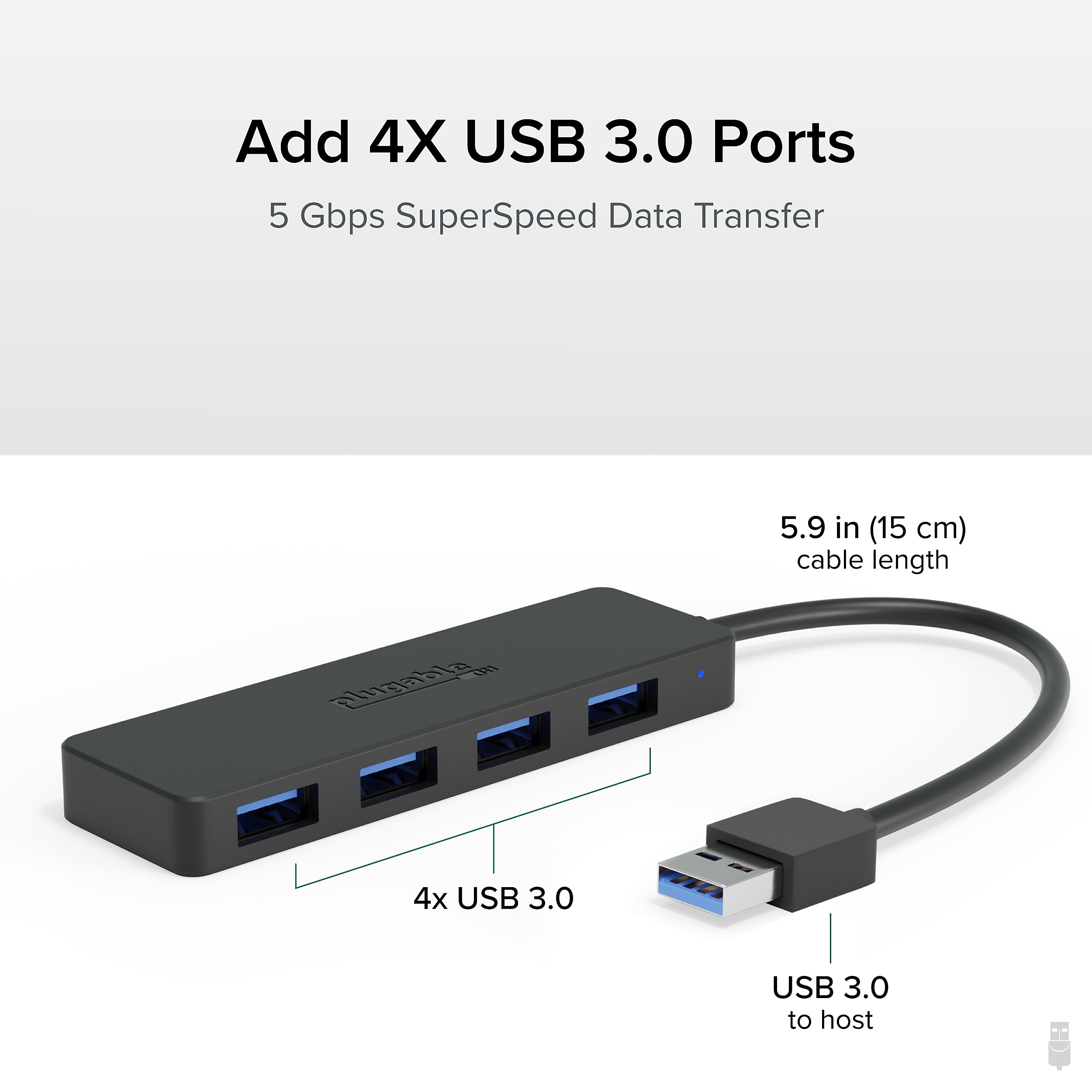 Plugable 4 Port USB Hub 3.0, USB Splitter for Laptop