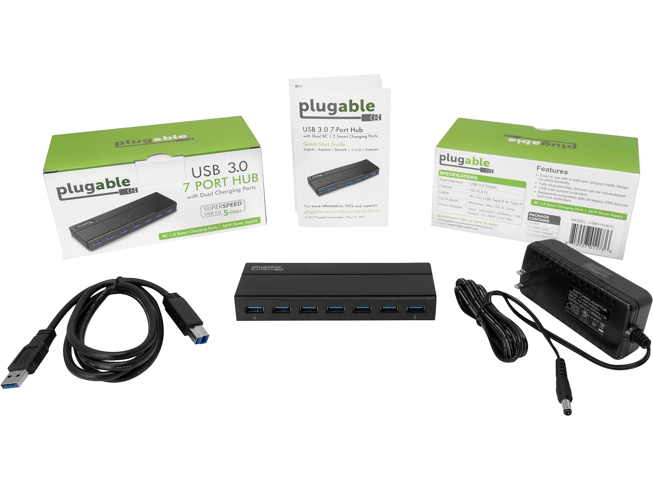 Plugable 7-Port USB 3.0 Hub, Black