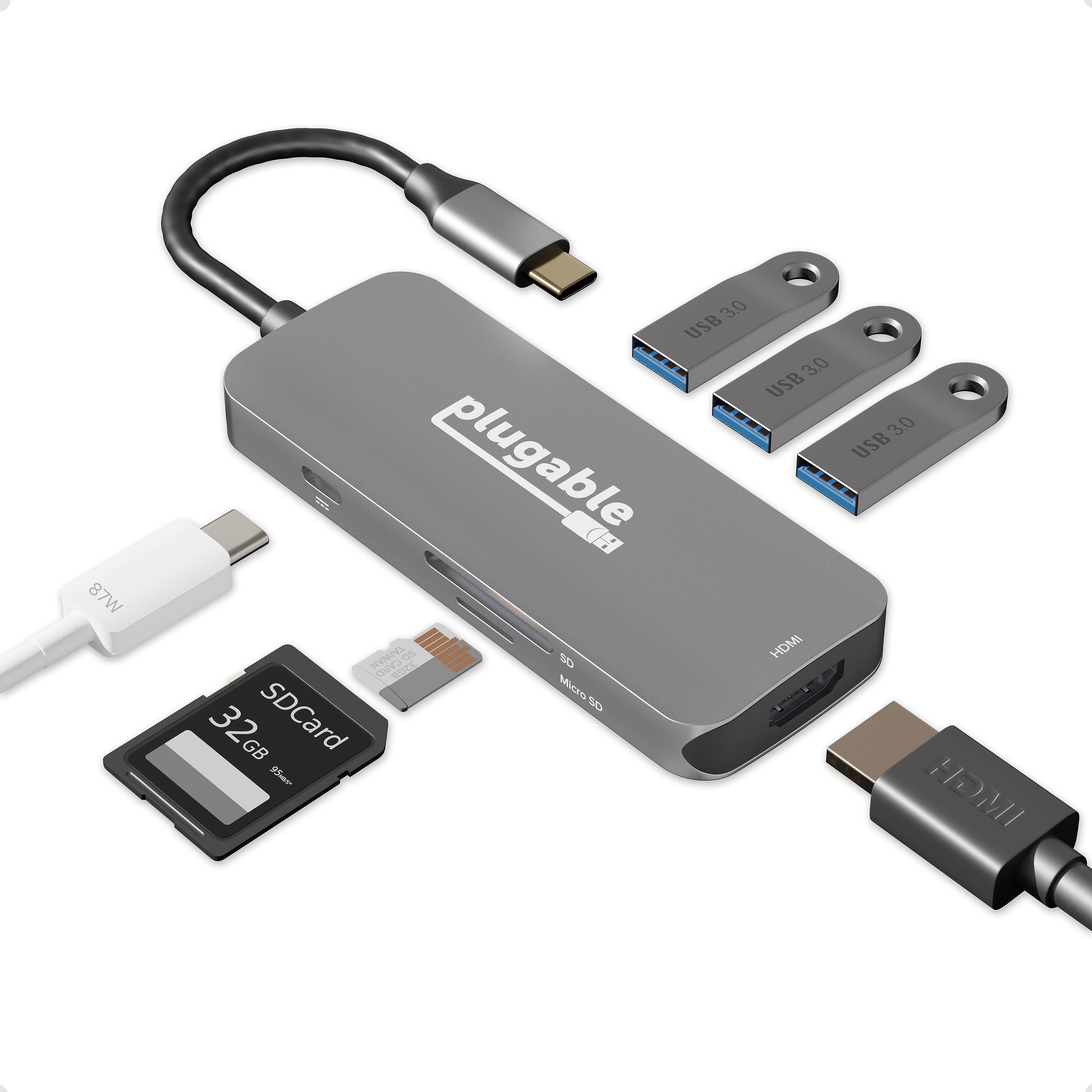 Plugable USB C Hub Multiport Adapter, 7-in-1 Hub, 87W Charging)