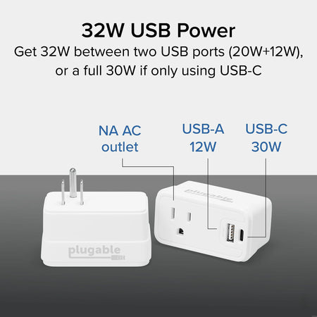 Plugable Wall Outlet Extender with USB-C and USB Charger, White