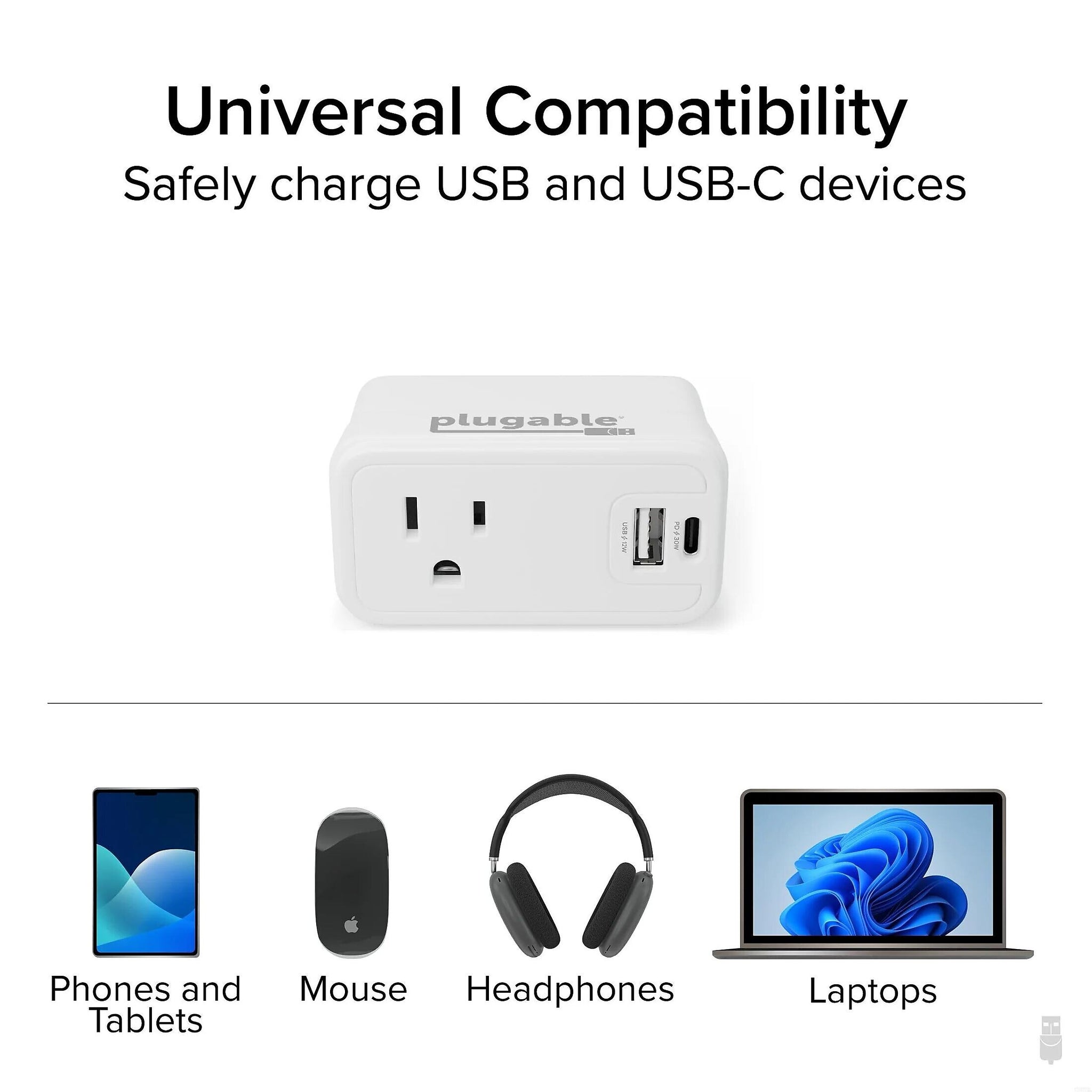 Plugable Wall Outlet Extender with USB-C and USB Charger, White