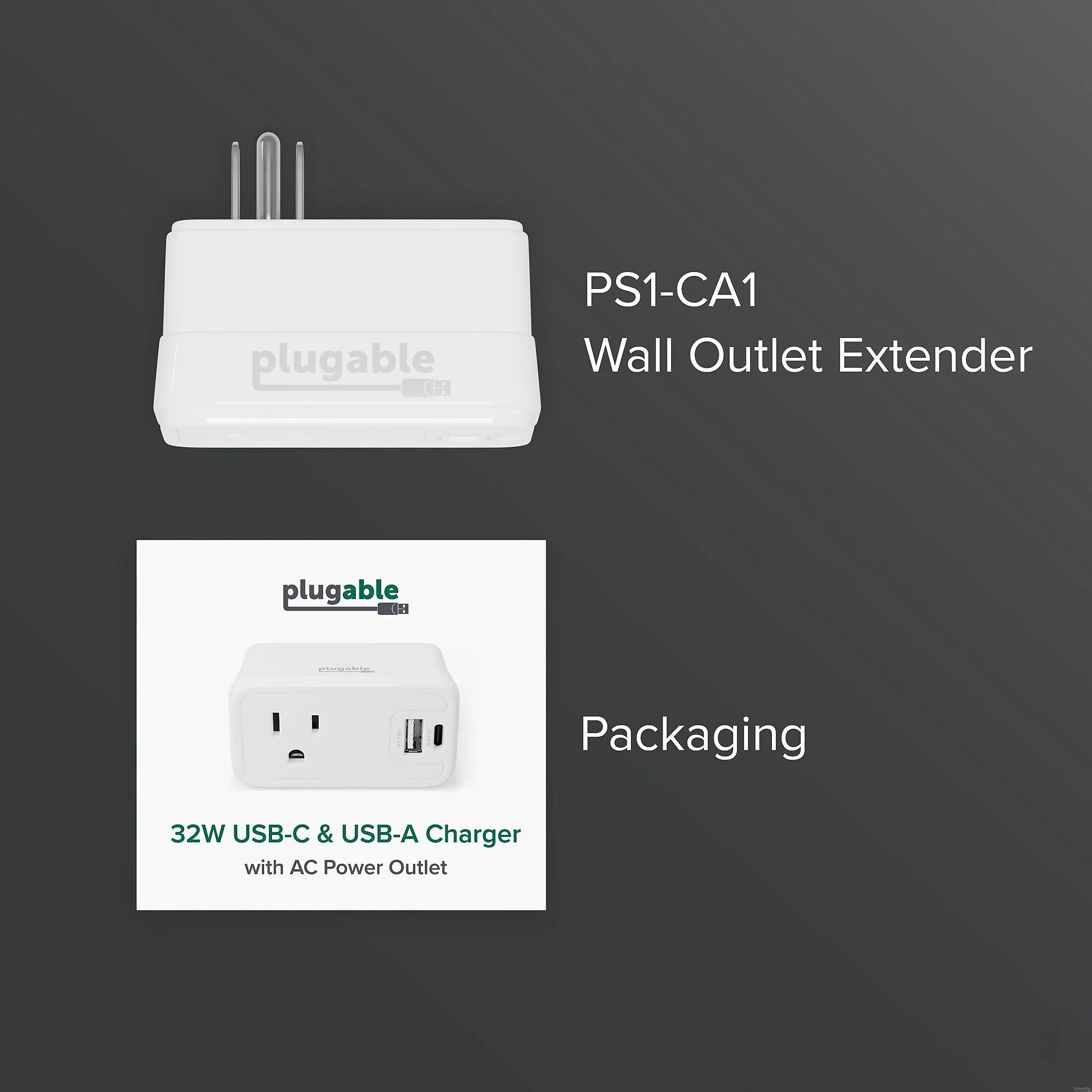 Plugable Wall Outlet Extender with USB-C and USB Charger, White