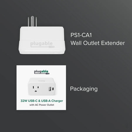 Plugable Wall Outlet Extender with USB-C and USB Charger, White