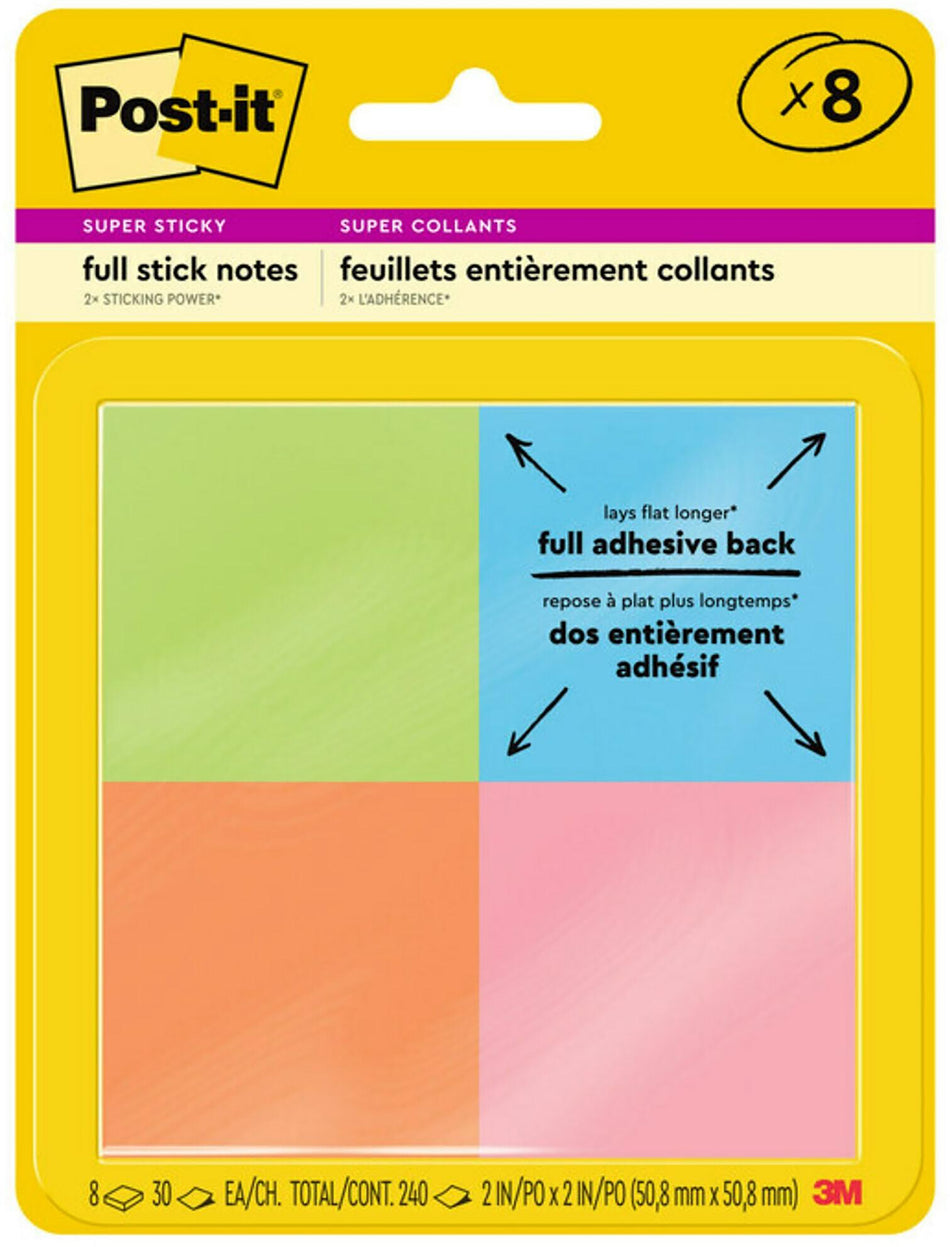 Post-it Full Adhesive Notes, 2" x 2", Energy Boost Collection, 25 Sheet/Pad, 8 Pads/Pack