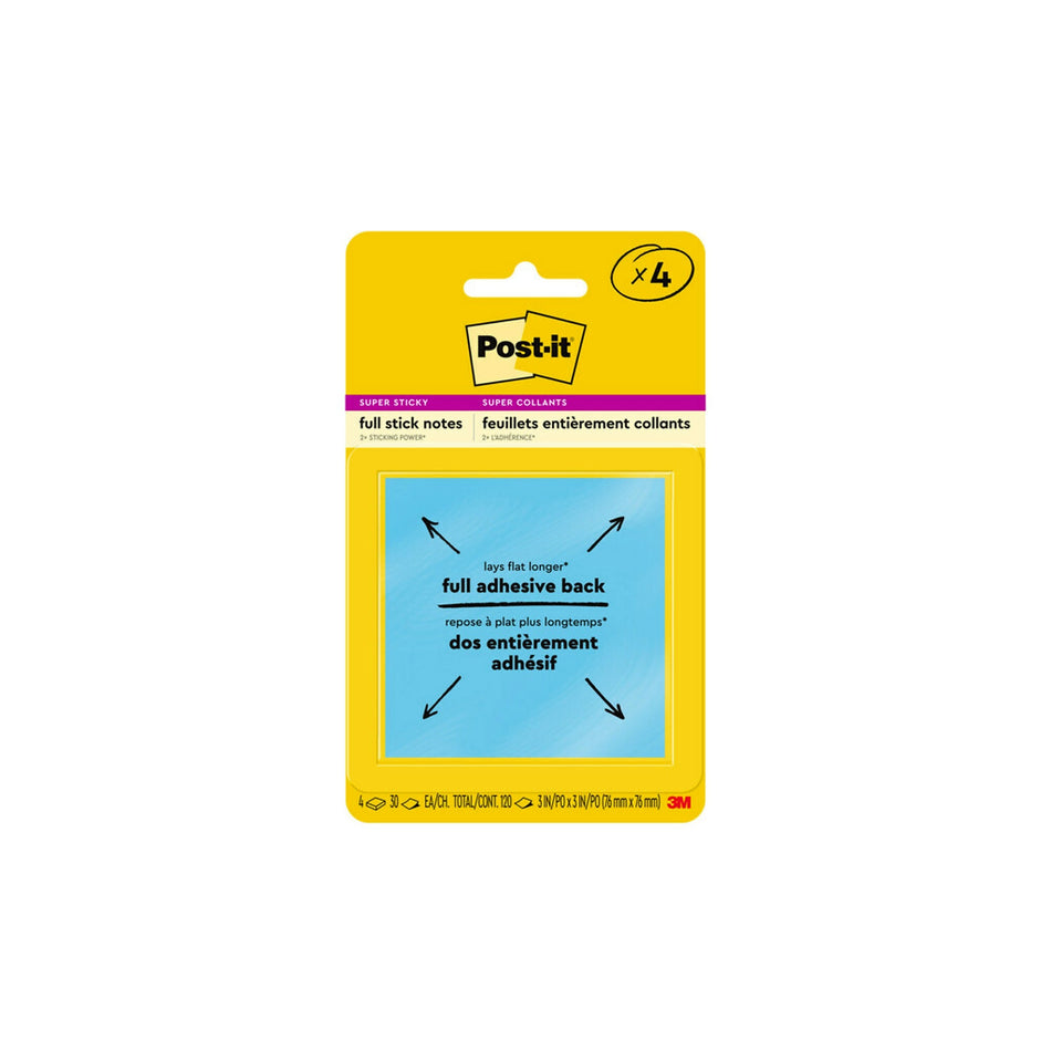 Post-it Full Adhesive Notes, 3" x 3", Energy Boost Collection, 30 Sheet/Pad, 4 Pads/Pack