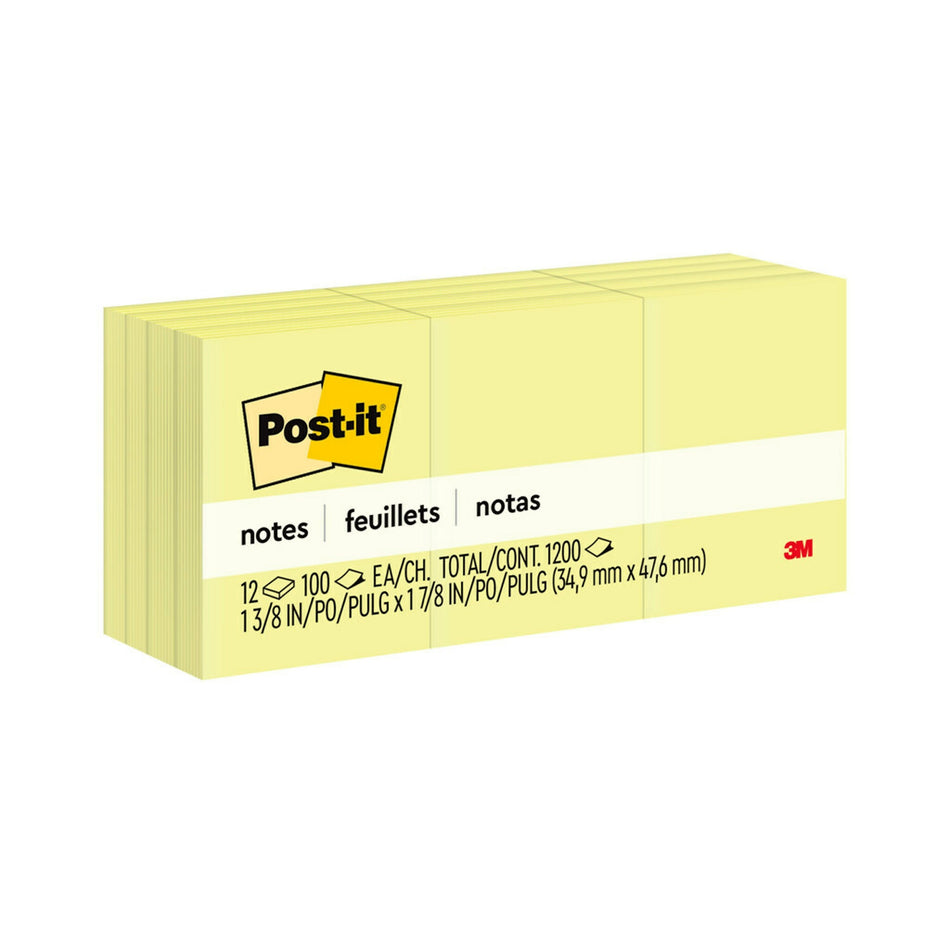 Post-it Notes, 1 3/8" x 1 7/8", Canary Collection, 100 Sheet/Pad, 12 Pads/Pack