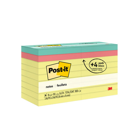 Post-it Notes, 3" x 3", Canary Collection, 100 Sheet/Pad, 18 Pads/Pack