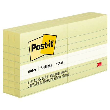 Post-it Notes, 3" x 3", Canary Collection, Lined, 100 Sheet/Pad, 6 Pads/Pack