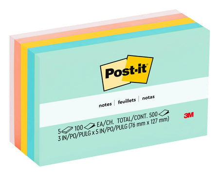 Post-it Notes, 3" x 5", Beachside Café Collection, 100 Sheet/Pad, 5 Pads/Pack