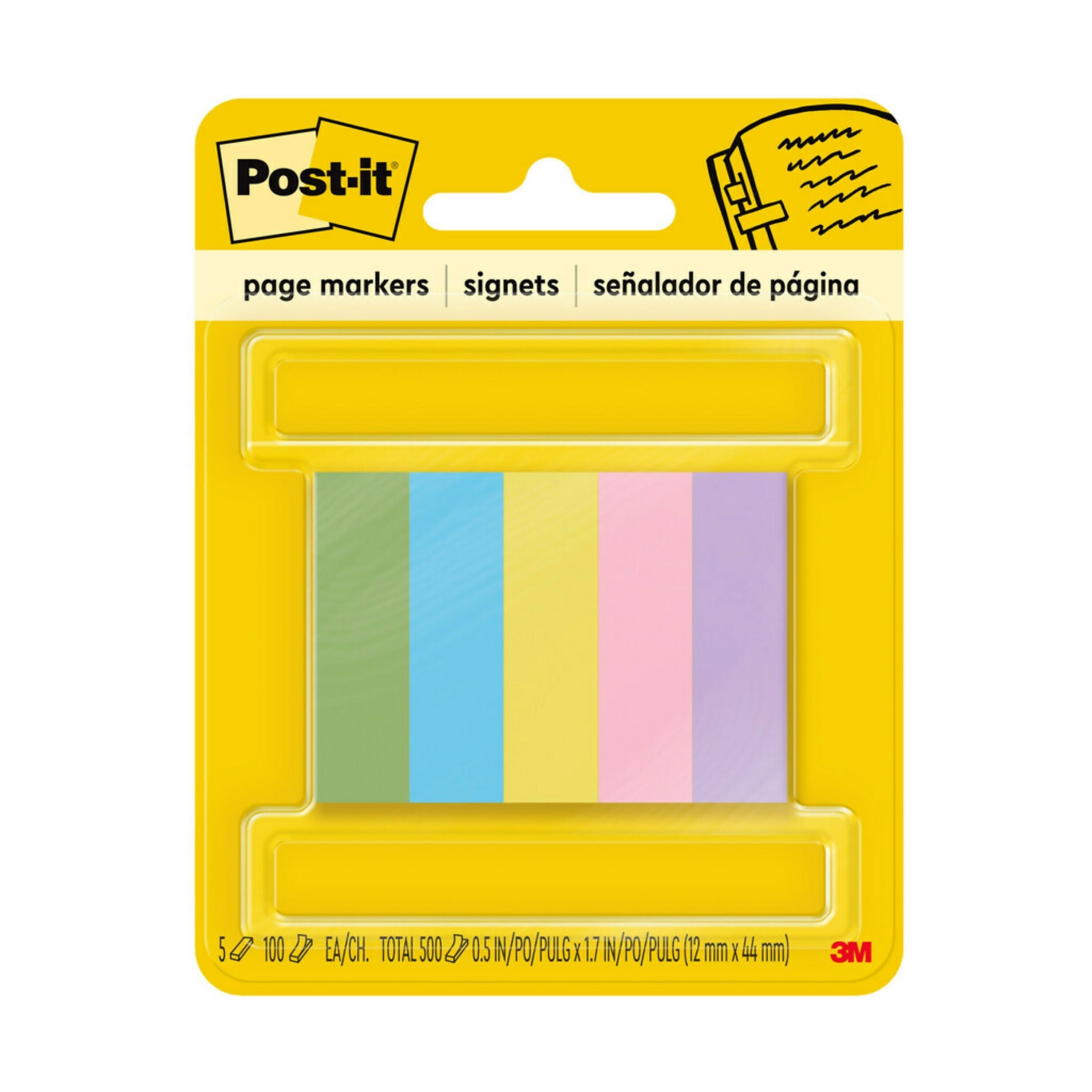 Post-it Page Marker, Assorted Colors, .5 in. x 1.7 in., 100 Sheets/Pad, 5 Pads/Pack