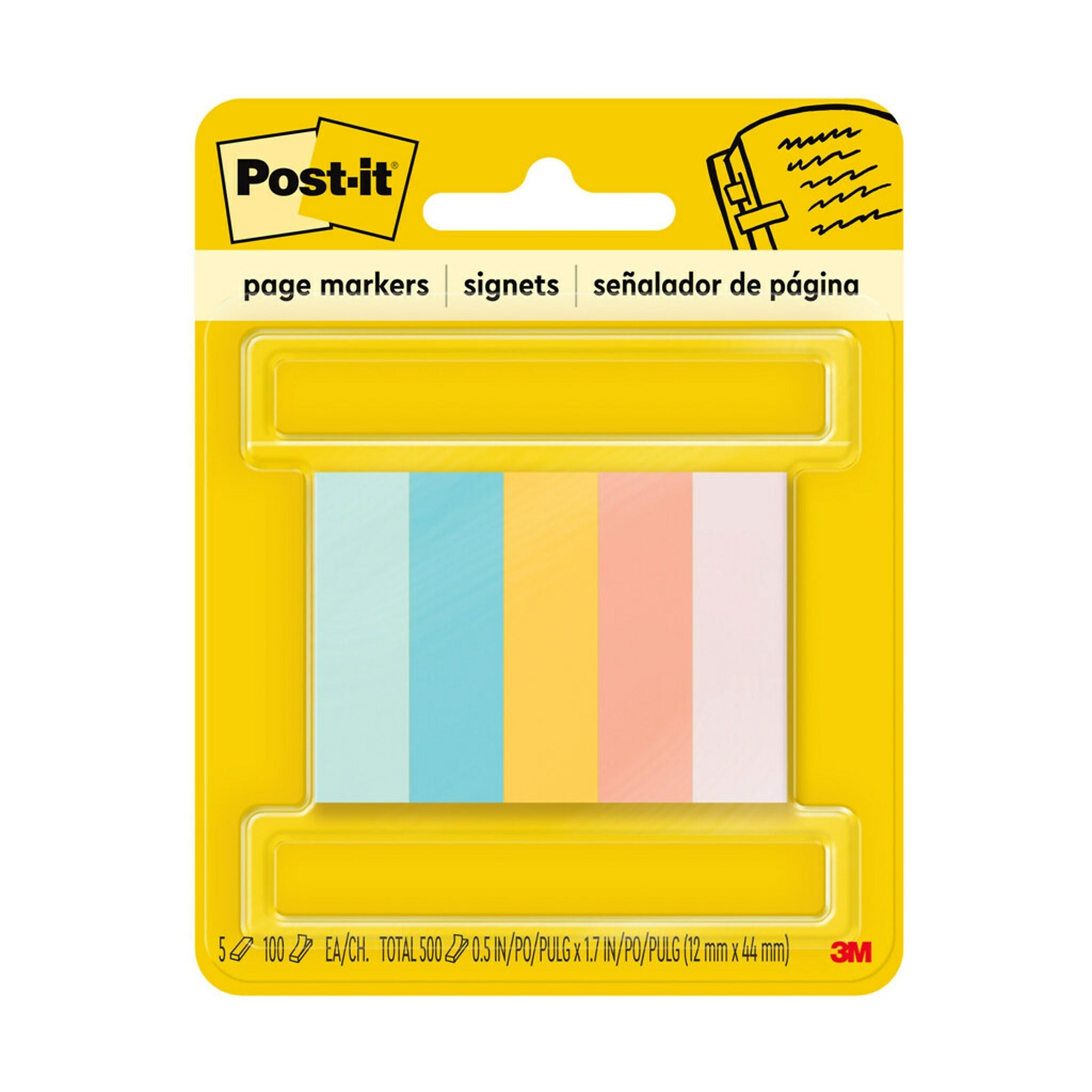 Post-it Page Markers, Assorted Bright Colors, .5 in. x 1.7 in., 100 Sheets/Pad, 5 Pads/Pack