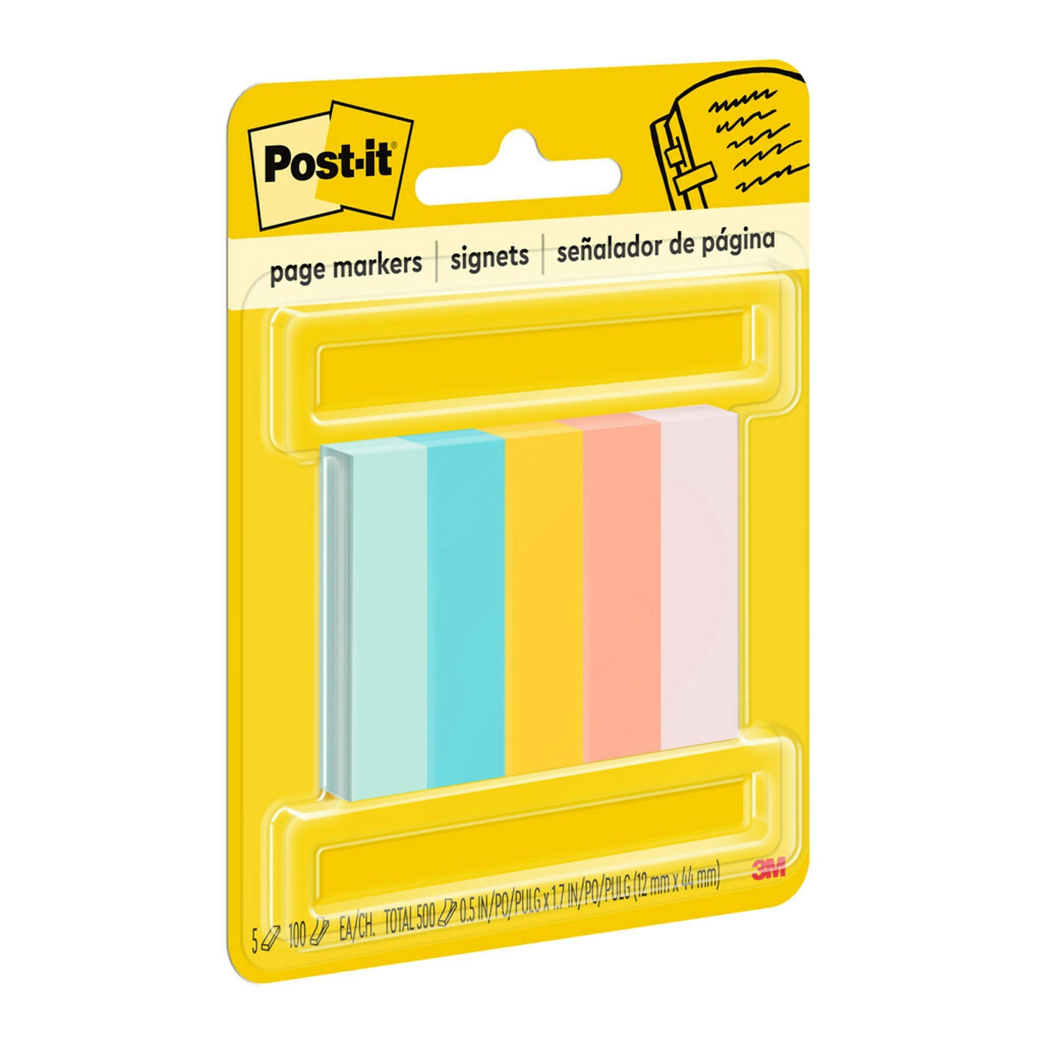 Post-it Page Markers, Assorted Bright Colors, .5 in. x 1.7 in., 100 Sheets/Pad, 5 Pads/Pack