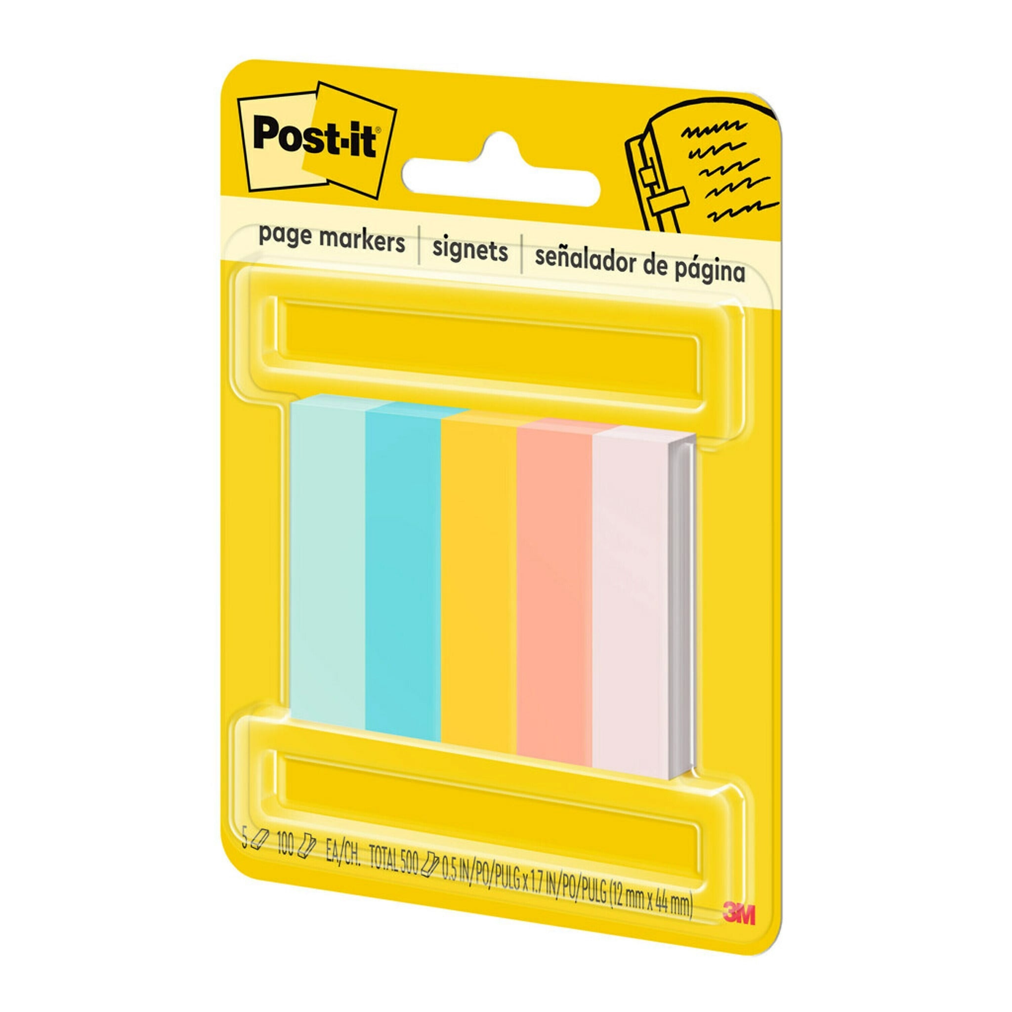Post-it Page Markers, Assorted Bright Colors, .5 in. x 1.7 in., 100 Sheets/Pad, 5 Pads/Pack