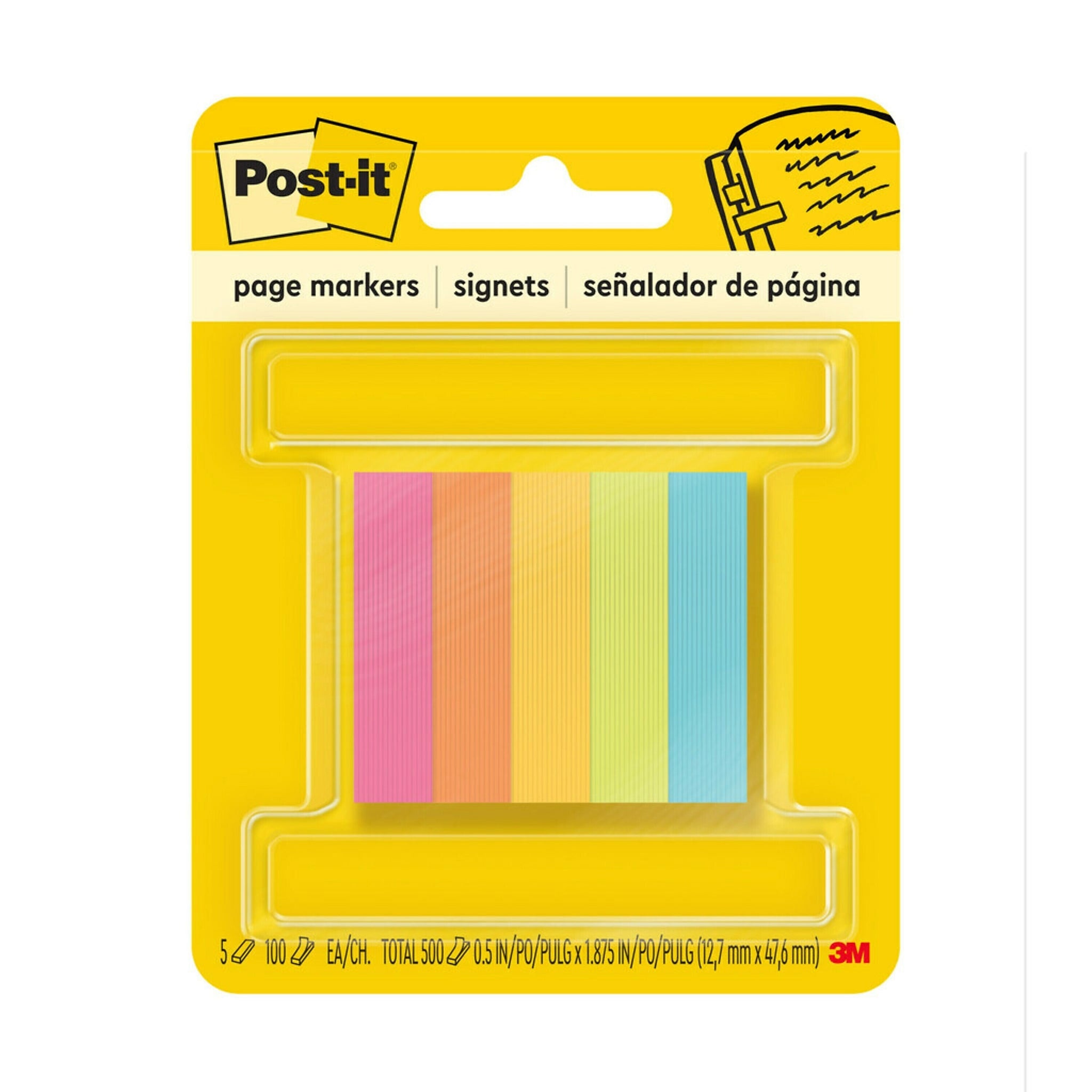 Post-it Page Markers, Assorted Colors , .5 in. x 1.875 in., 100 Sheets/Pad, 5 Pads/Pack