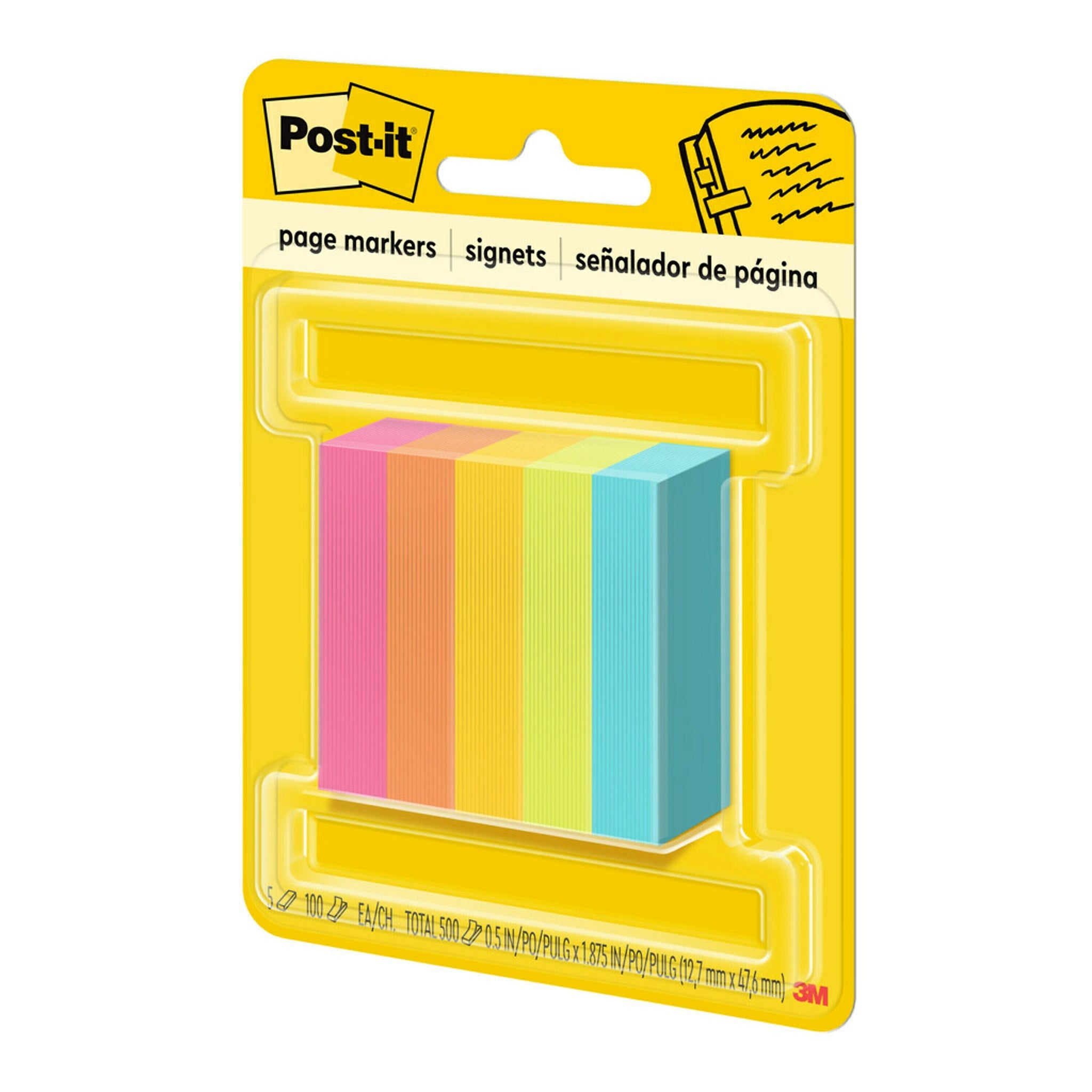 Post-it Page Markers, Assorted Colors , .5 in. x 1.875 in., 100 Sheets/Pad, 5 Pads/Pack