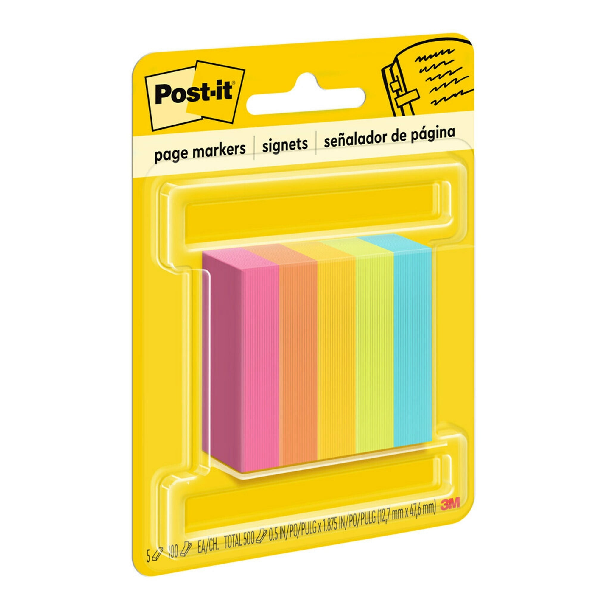 Post-it Page Markers, Assorted Colors , .5 in. x 1.875 in., 100 Sheets/Pad, 5 Pads/Pack