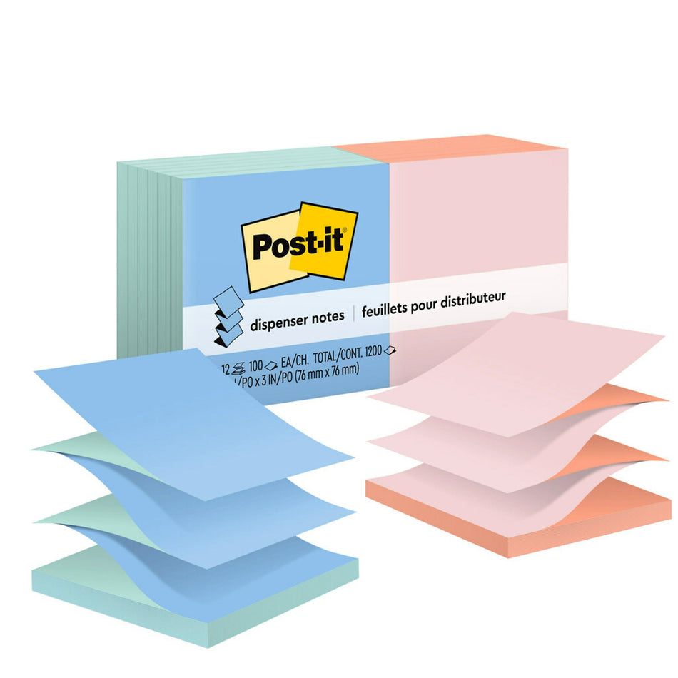 Post-it Pop-up Notes, 3" x 3", Beachside Café Collection, 90 Sheet/Pad, 12 Pads/Pack