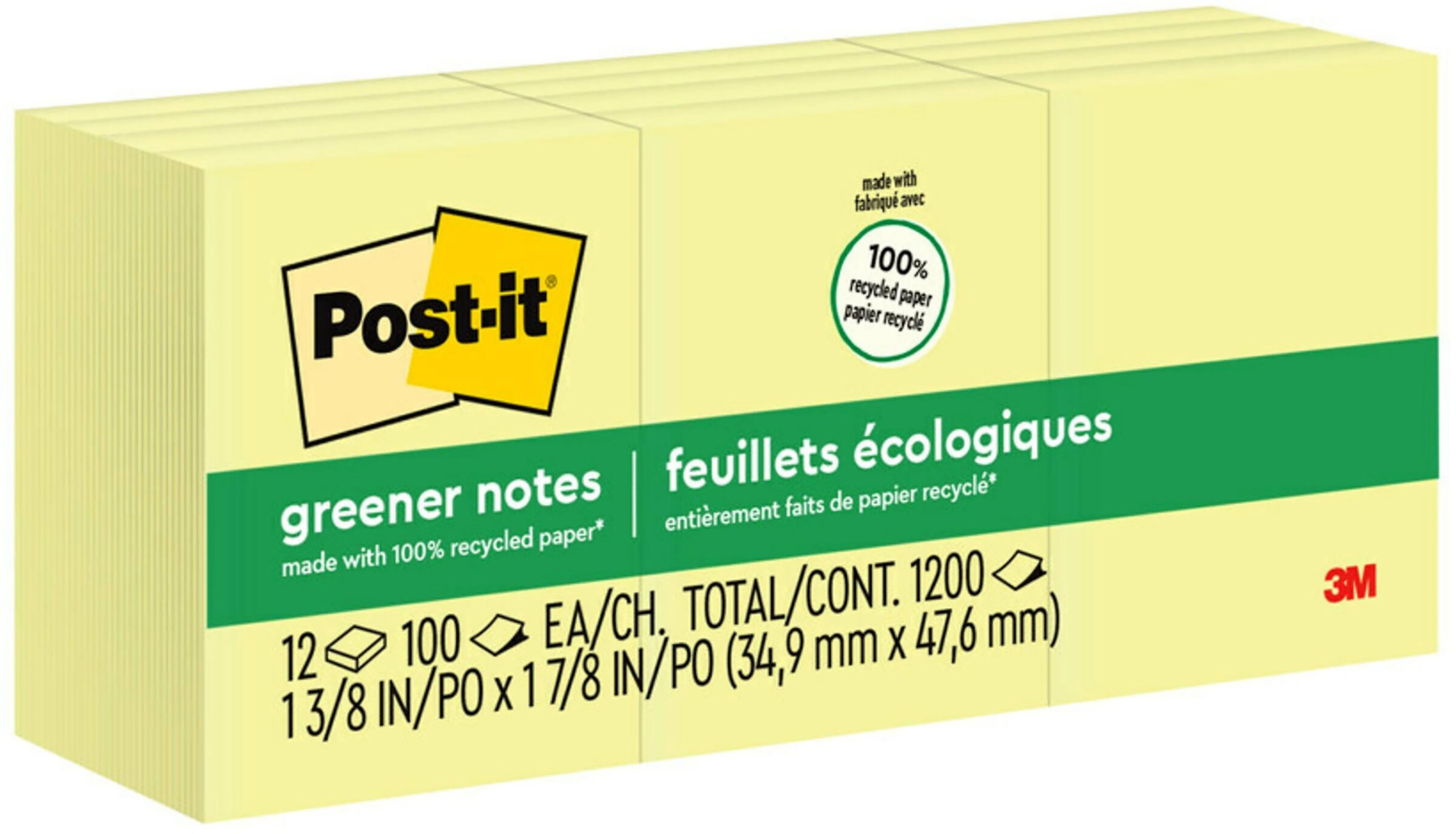 Post-it Recycled Notes, 1 3/8" x 1 7/8", Canary Collection, 100 Sheet/Pad, 12 Pads/Pack