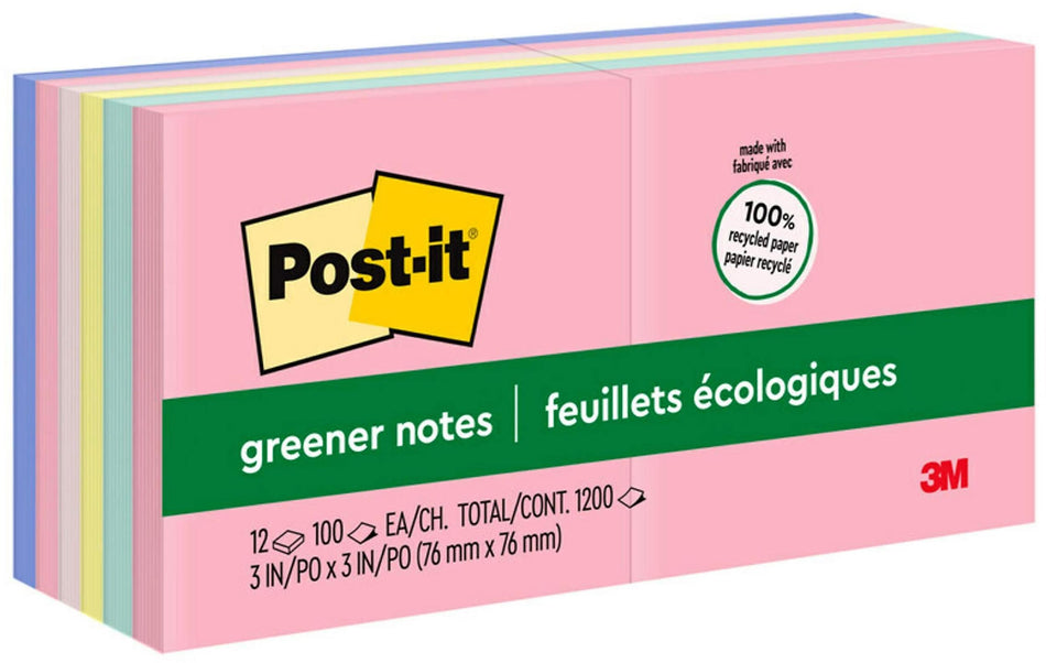 Post-it Recycled Notes, 3" x 3", Sweet Sprinkles Collection, 100 Sheet/Pad, 12 Pads/Pack