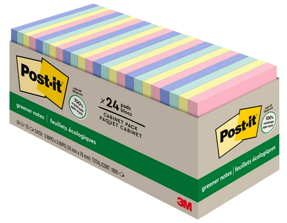 Post-it Recycled Notes, 3" x 3", Sweet Sprinkles Collection, 75 Sheet/Pad, 24 Pads/Pack