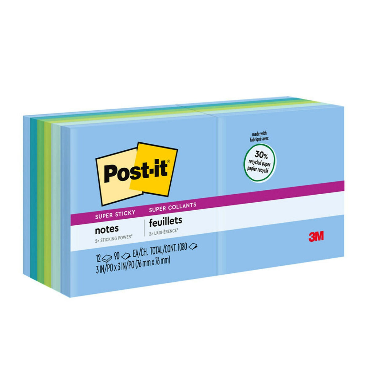 Post-it Recycled Super Sticky Notes, 3" x 3", Oasis Collection, 90 Sheet/Pad, 12 Pads/Pack