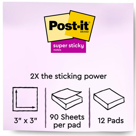 Post-it Recycled Super Sticky Notes, 3" x 3", Oasis Collection, 90 Sheet/Pad, 12 Pads/Pack