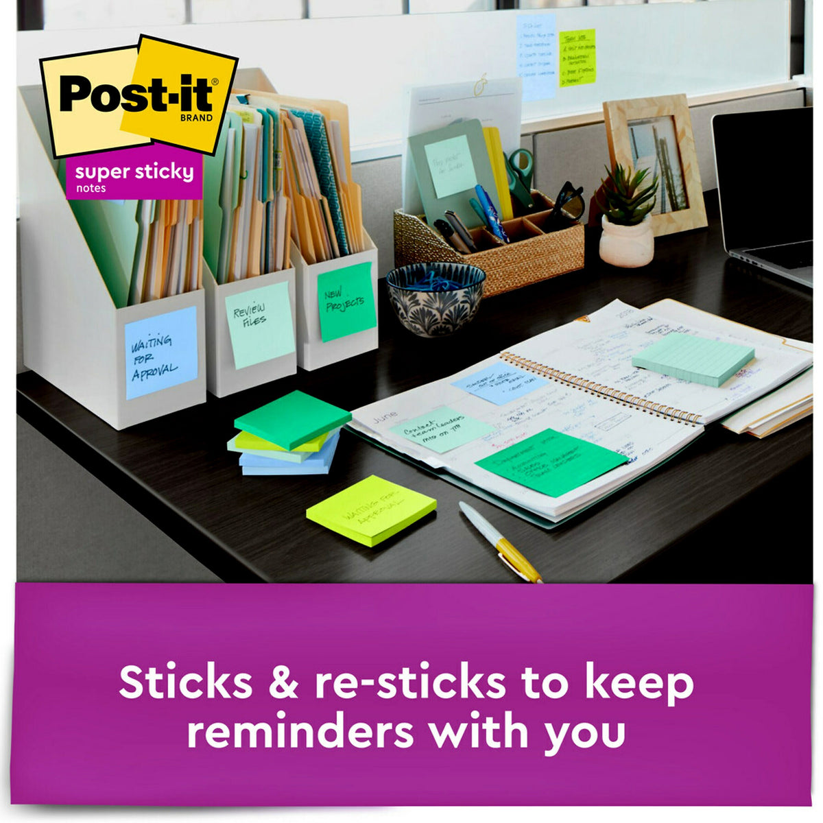 Post-it Recycled Super Sticky Notes, 3" x 3", Oasis Collection, 90 Sheet/Pad, 12 Pads/Pack