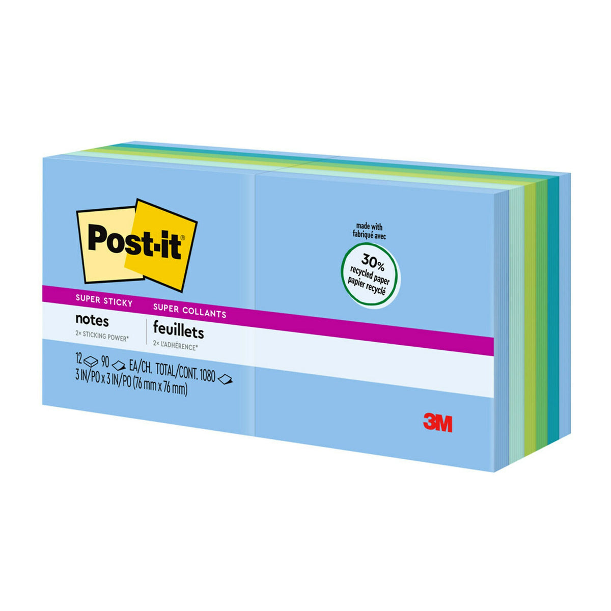 Post-it Recycled Super Sticky Notes, 3" x 3", Oasis Collection, 90 Sheet/Pad, 12 Pads/Pack