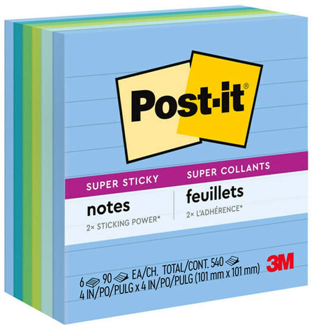 Post-it Recycled Super Sticky Notes, 4" x 4", Oasis Collection, Lined, 90 Sheet/Pad, 6 Pads/Pack