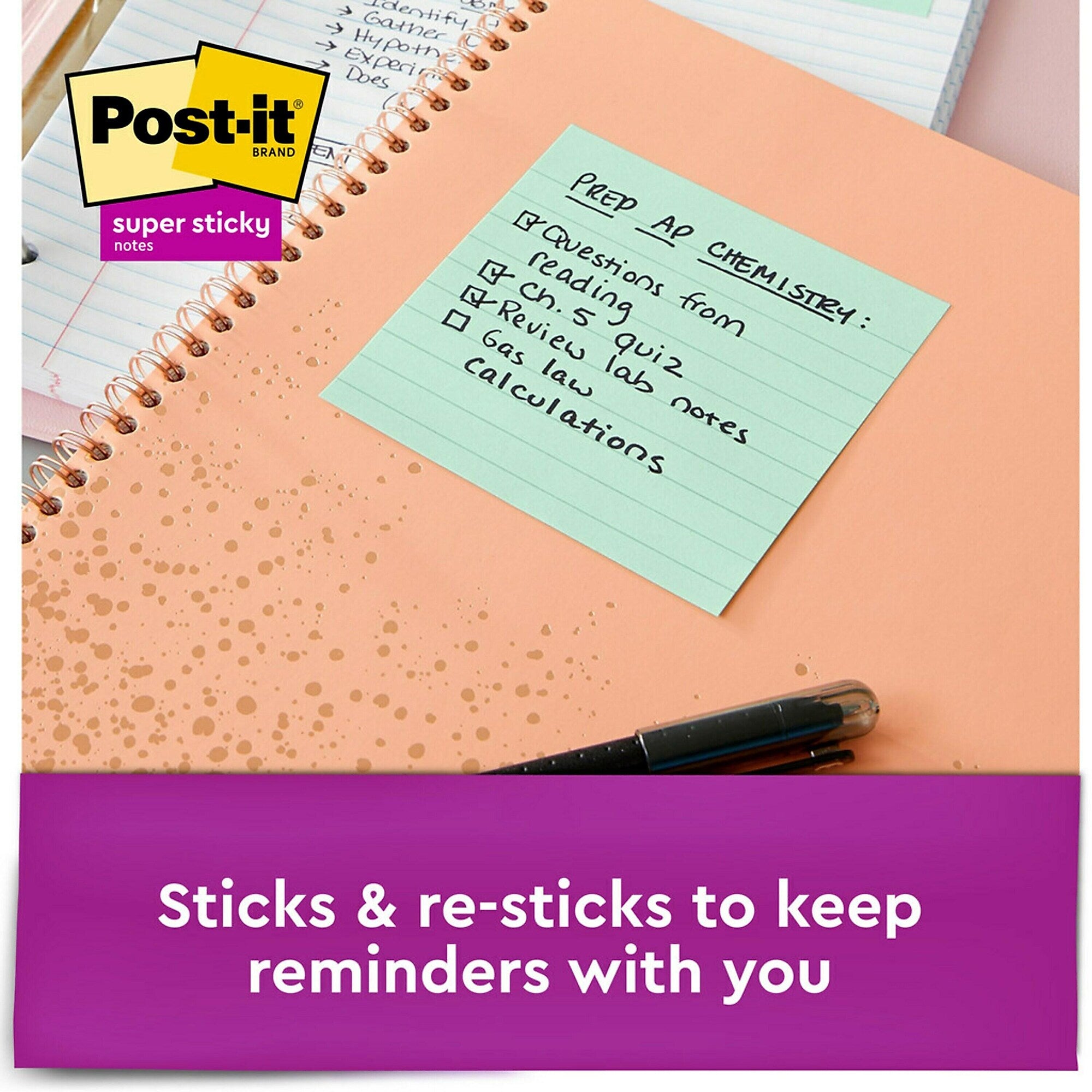 Post-it Recycled Super Sticky Notes, 4" x 4", Oasis Collection, Lined, 90 Sheet/Pad, 6 Pads/Pack