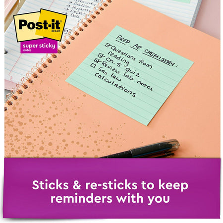 Post-it Recycled Super Sticky Notes, 4" x 4", Oasis Collection, Lined, 90 Sheet/Pad, 6 Pads/Pack