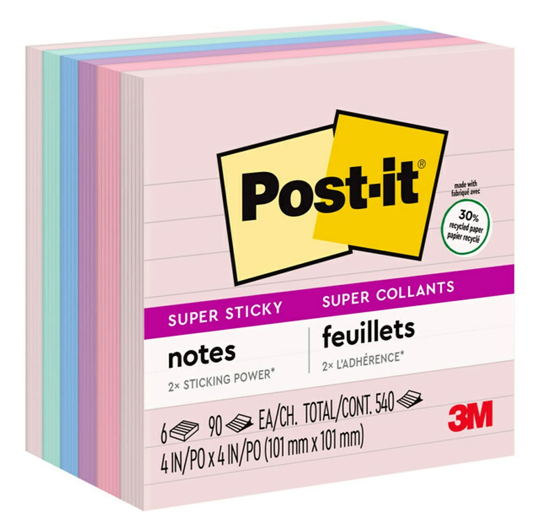 Post-it Recycled Super Sticky Notes, 4" x 4", Wanderlust Pastels Collection, Lined, 90 Sheet/Pad, 6 Pads/Pack