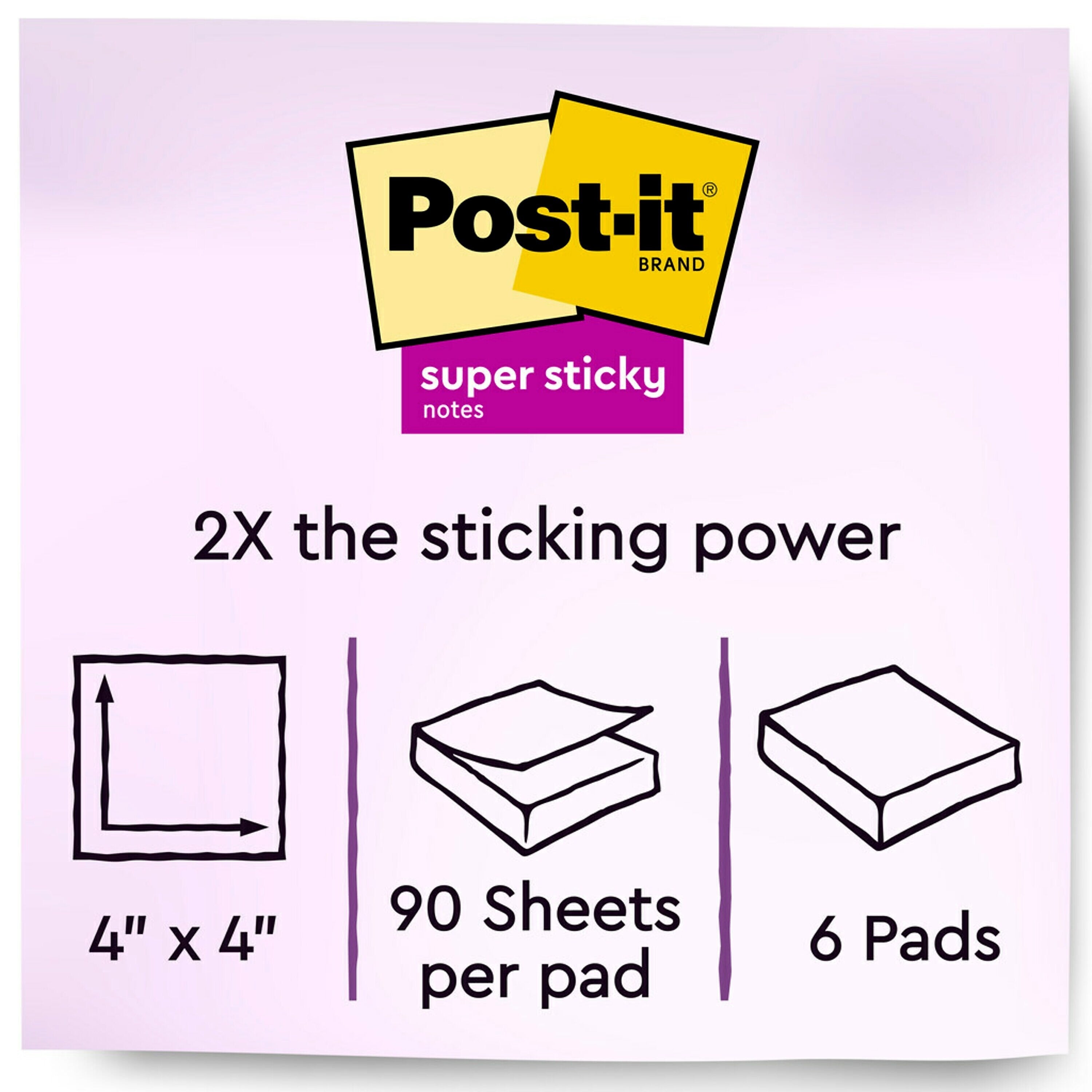 Post-it Recycled Super Sticky Notes, 4" x 4", Wanderlust Pastels Collection, Lined, 90 Sheet/Pad, 6 Pads/Pack