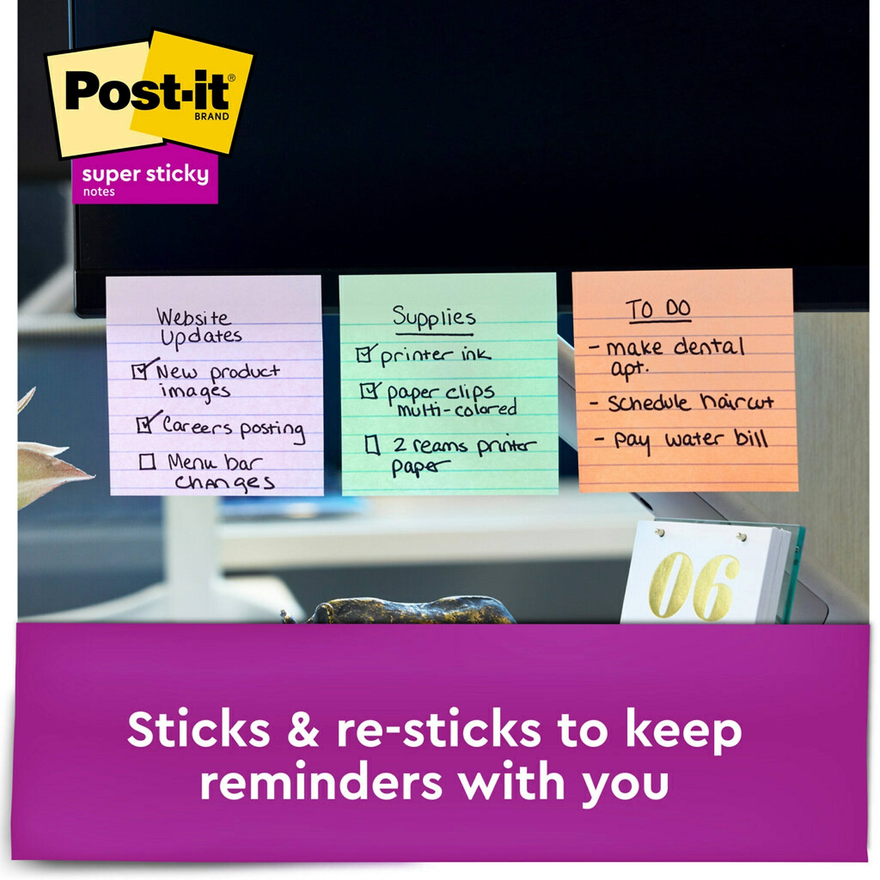 Post-it Recycled Super Sticky Notes, 4" x 4", Wanderlust Pastels Collection, Lined, 90 Sheet/Pad, 6 Pads/Pack