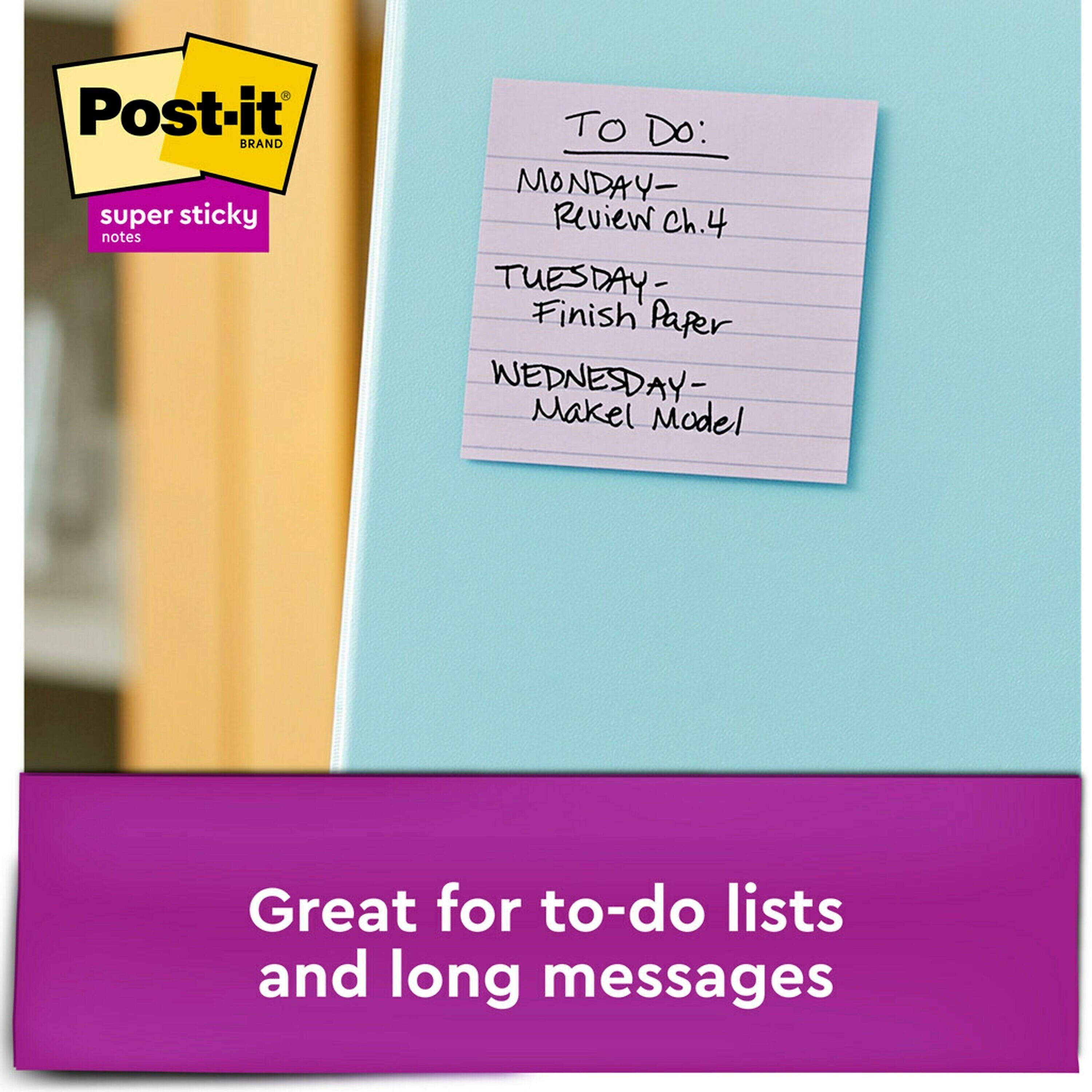 Post-it Recycled Super Sticky Notes, 4" x 4", Wanderlust Pastels Collection, Lined, 90 Sheet/Pad, 6 Pads/Pack