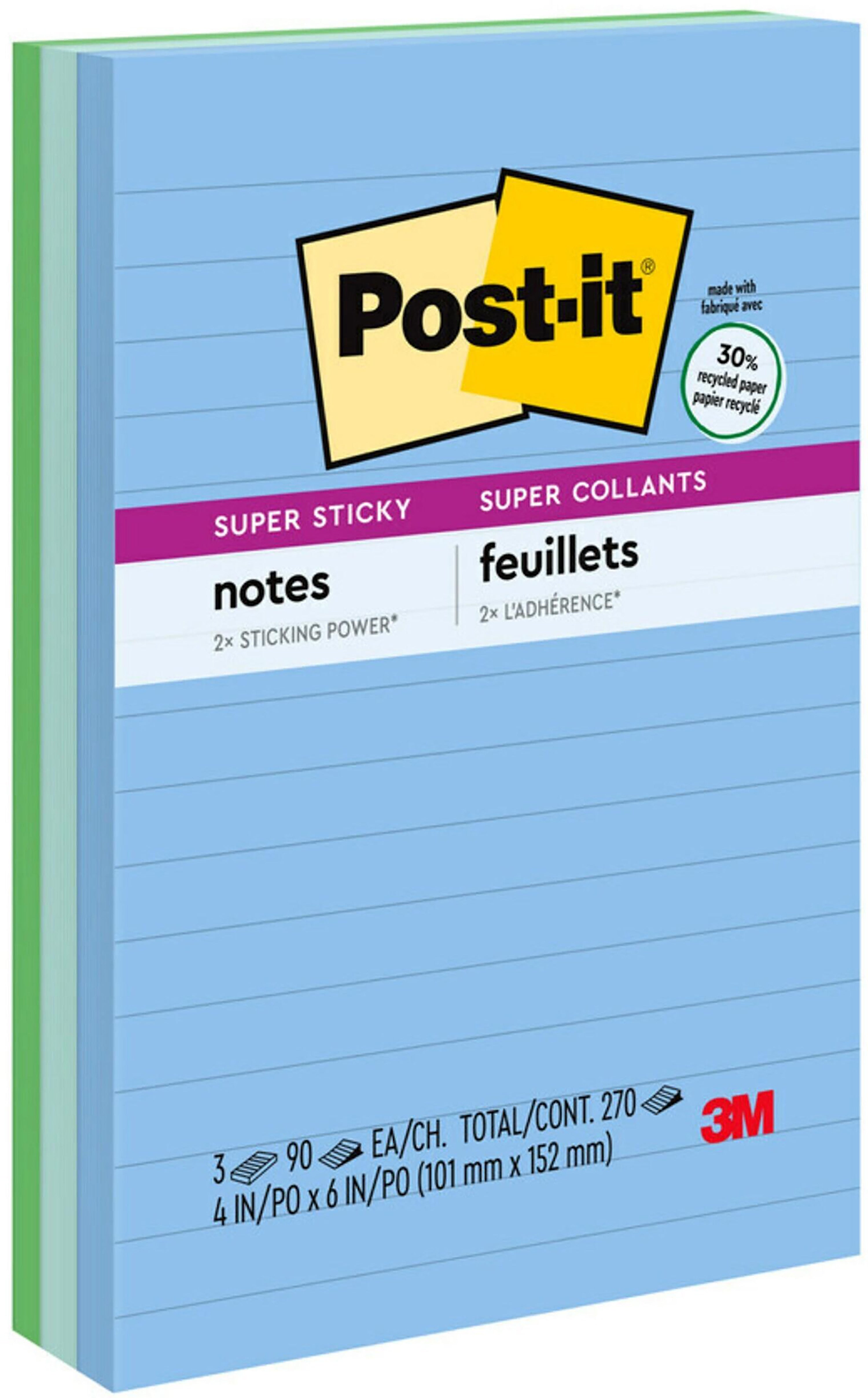 Post-it Recycled Super Sticky Notes, 4" x 6", Oasis Collection, Lined, 90 Sheet/Pad, 3 Pads/Pack