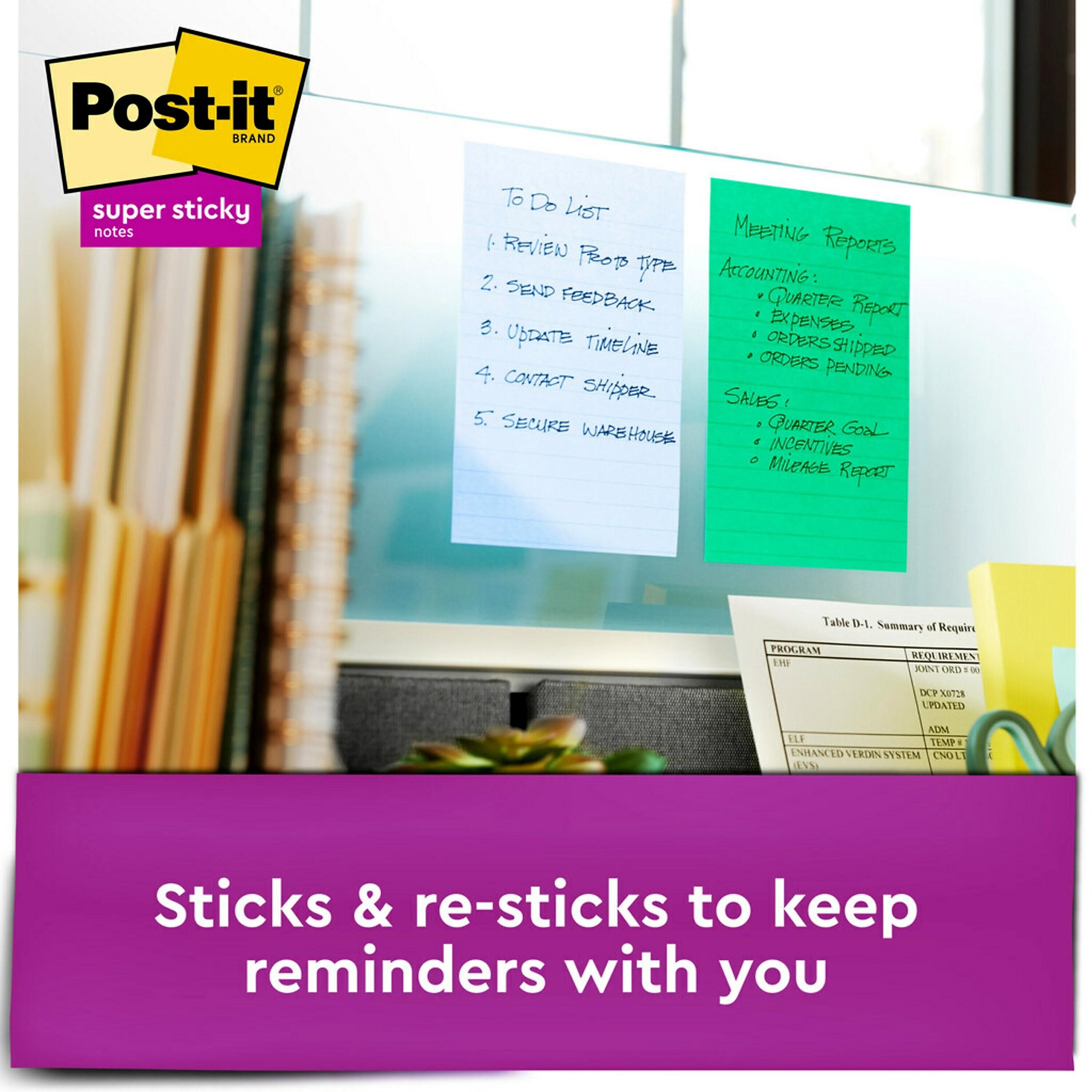 Post-it Recycled Super Sticky Notes, 4" x 6", Oasis Collection, Lined, 90 Sheet/Pad, 3 Pads/Pack