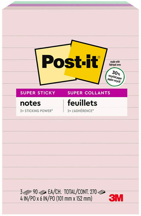 Post-it Recycled Super Sticky Notes, 4" x 6", Wanderlust Pastels Collection, Lined, 90 Sheet/Pad, 3 Pads/Pack