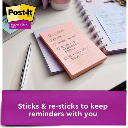 Post-it Recycled Super Sticky Notes, 4" x 6", Wanderlust Pastels Collection, Lined, 90 Sheet/Pad, 3 Pads/Pack