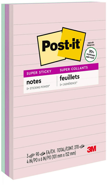 Post-it Recycled Super Sticky Notes, 4" x 6", Wanderlust Pastels Collection, Lined, 90 Sheet/Pad, 3 Pads/Pack