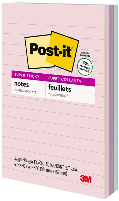 Post-it Recycled Super Sticky Notes, 4" x 6", Wanderlust Pastels Collection, Lined, 90 Sheet/Pad, 3 Pads/Pack