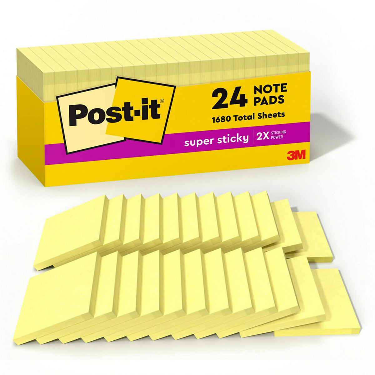 Post-it Super Sticky Notes, 3" x 3", Canary Collection, 90 Sheet/Pad, 24 Pads/Pack