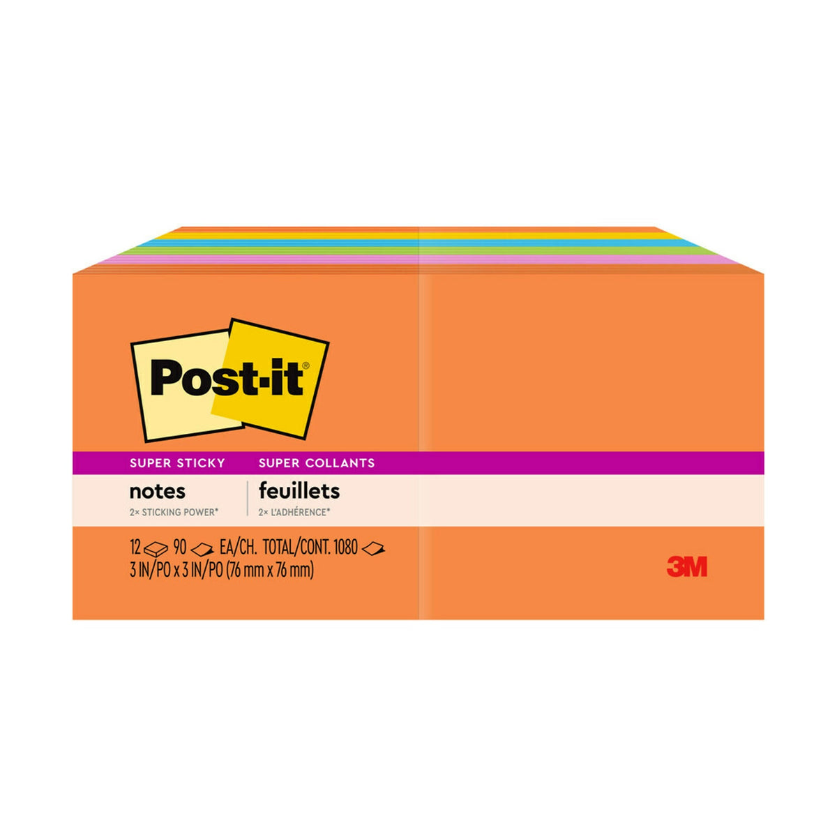 Post-it Super Sticky Notes, 3" x 3", Energy Boost Collection, 90 Sheet/Pad, 12 Pads/Pack