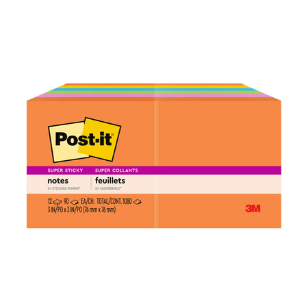 Post-it Super Sticky Notes, 3" x 3", Energy Boost Collection, 90 Sheet/Pad, 12 Pads/Pack